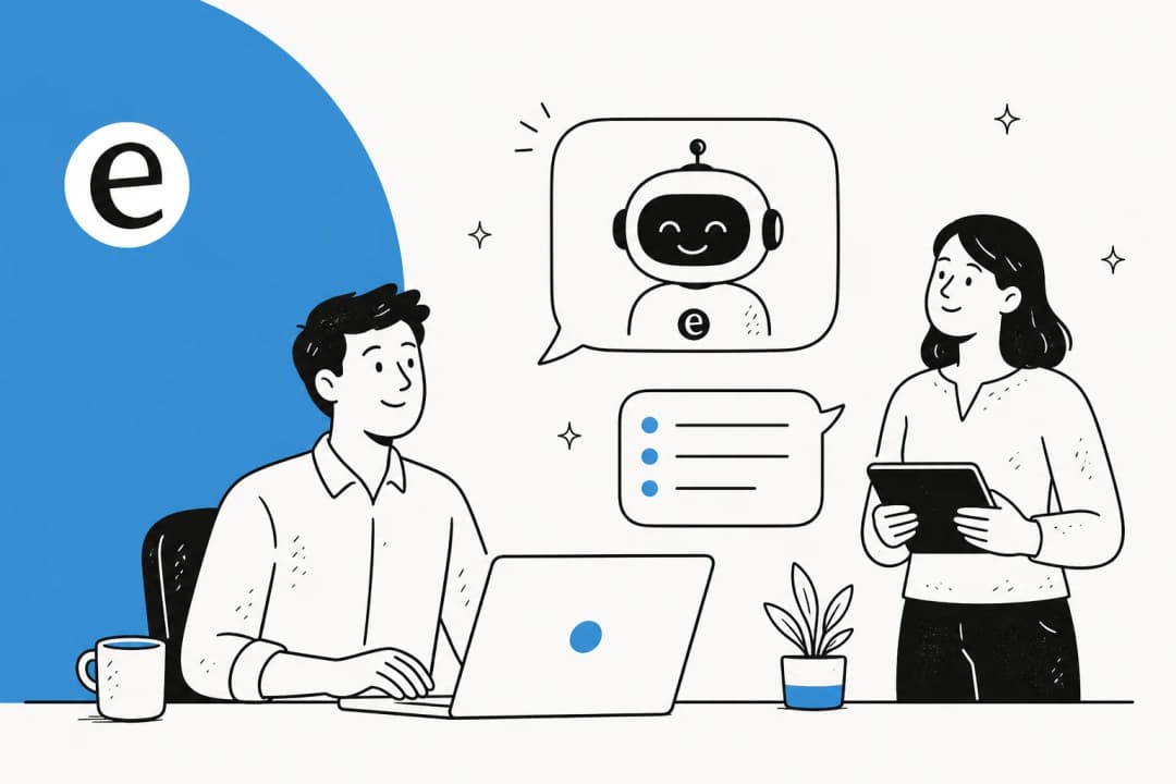 Illustration of a service desk chatbot answering an employee question and routing the rest to a human