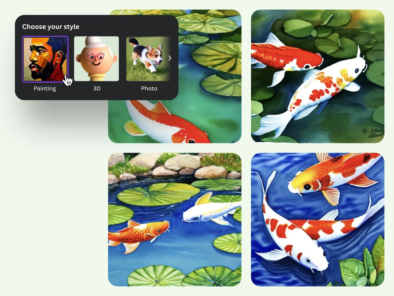 Canva AI style chooser showing Painting, 3D, and Photo options with koi fish image variations