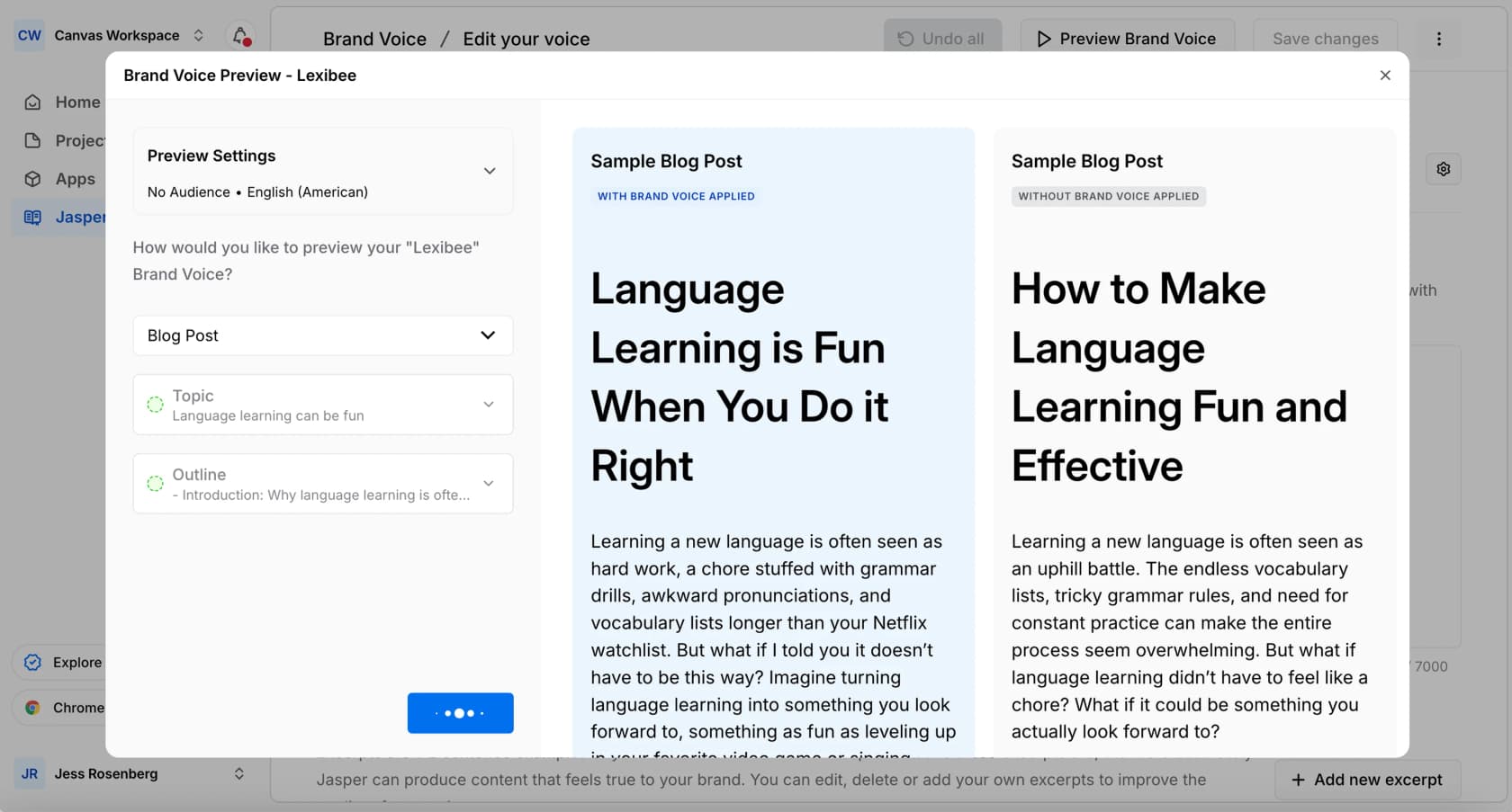 Jasper's Brand Voice preview showing two sample posts side by side, one written with the brand voice applied and one without