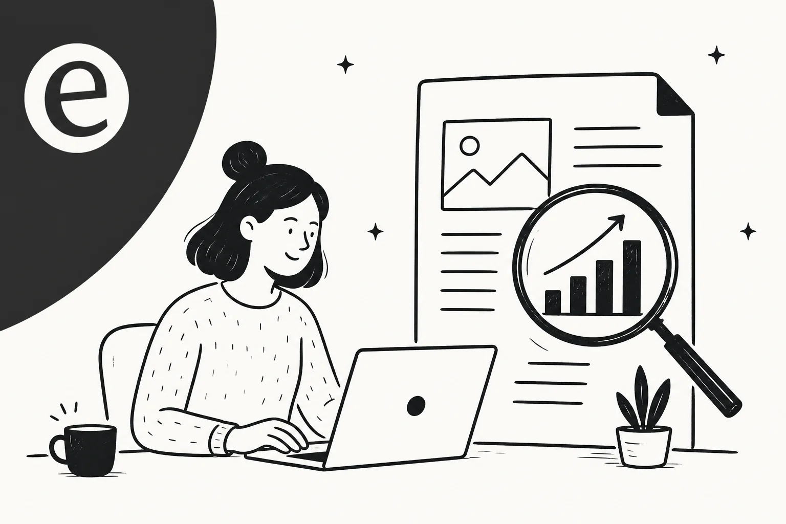 Editorial illustration of a writer at a desk with a magnifying glass over a rising search-ranking chart
