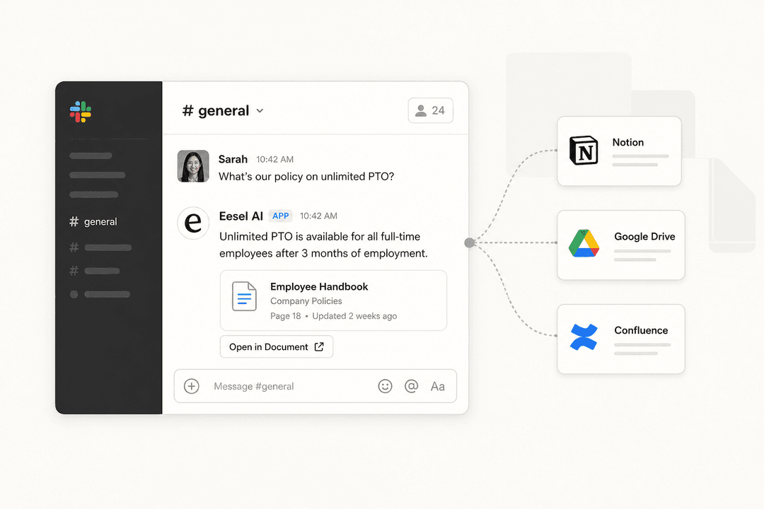 AI Slack bot for knowledge base -- eesel AI showing a Slack conversation thread with a cited answer from connected documents