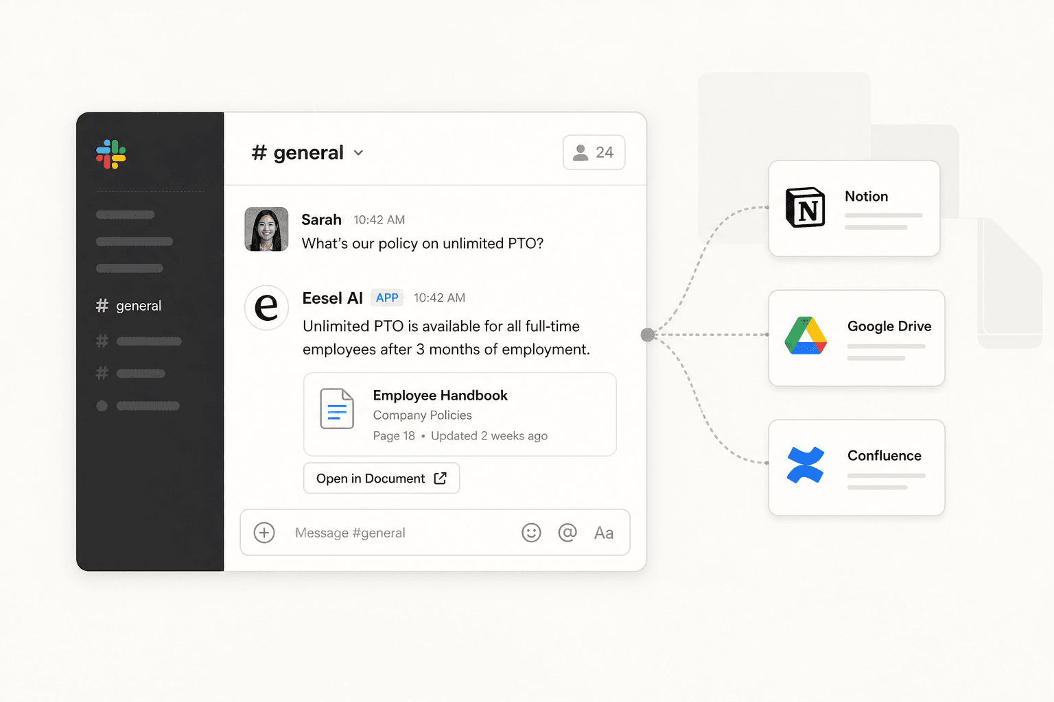 AI Slack bot for knowledge base -- eesel AI showing a Slack conversation thread with a cited answer from connected documents