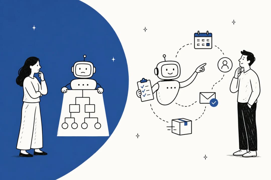 Editorial illustration contrasting a rigid scripted chatbot with a flexible autonomous AI agent