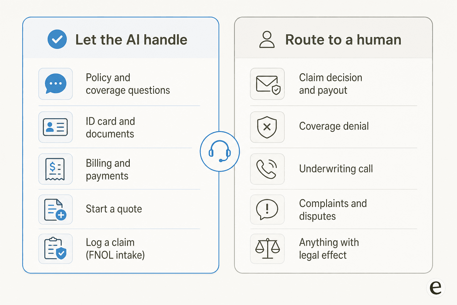 A two-column split for insurance support: let the AI handle policy and coverage questions, ID cards, billing, quotes and claim intake; route claim decisions, coverage denials, underwriting, complaints and anything with legal effect to a human