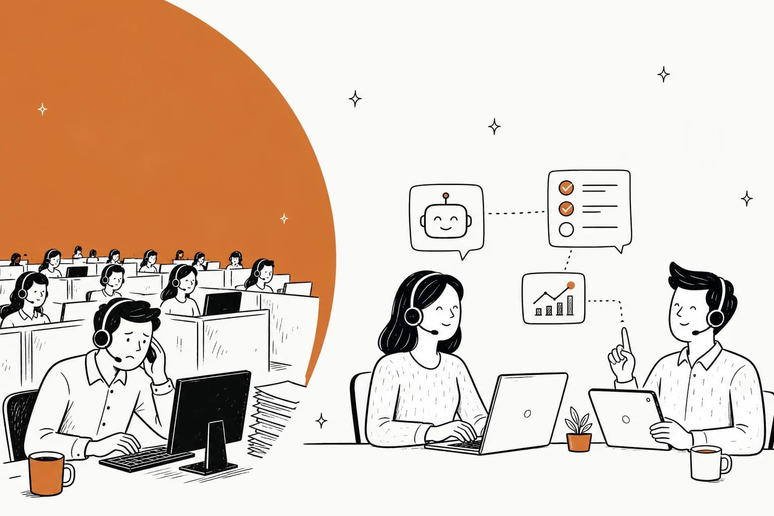 A crowded offshore call center floor contrasted with a lean modern support team using AI automation