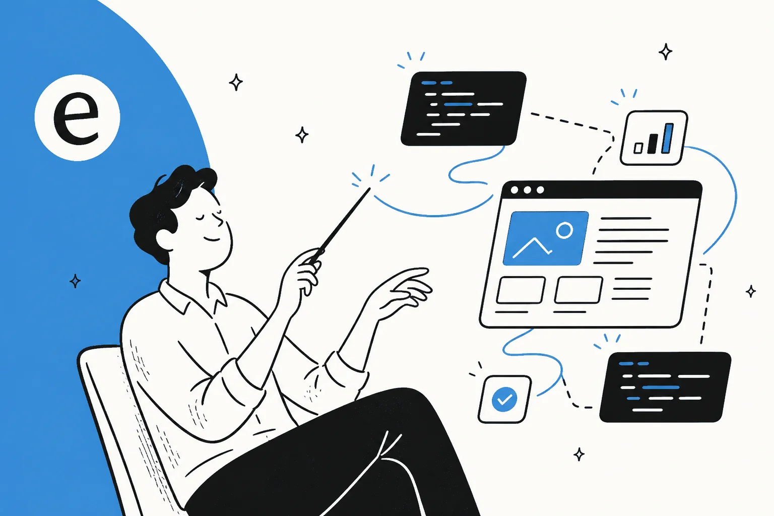Illustration of a person directing blocks of code that assemble themselves, representing vibe coding