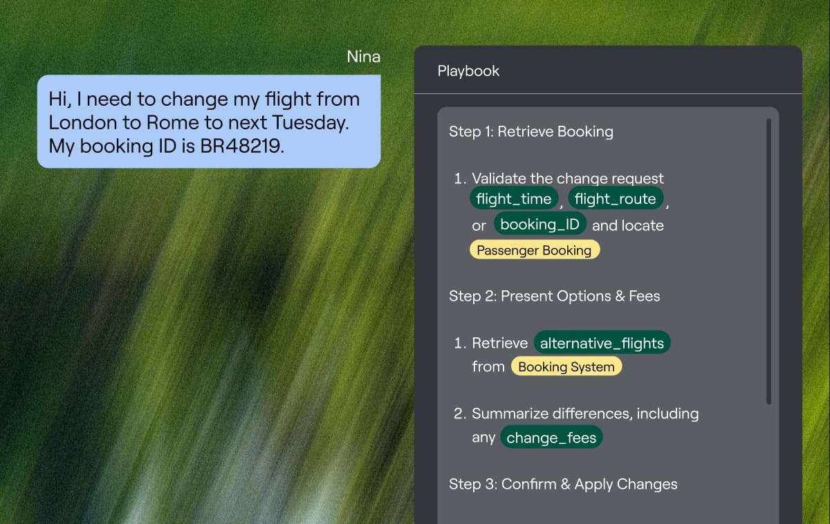 A Playbook walking a flight change through Retrieve Booking, Present Options & Fees, and Confirm & Apply Changes, from Ada's platform page