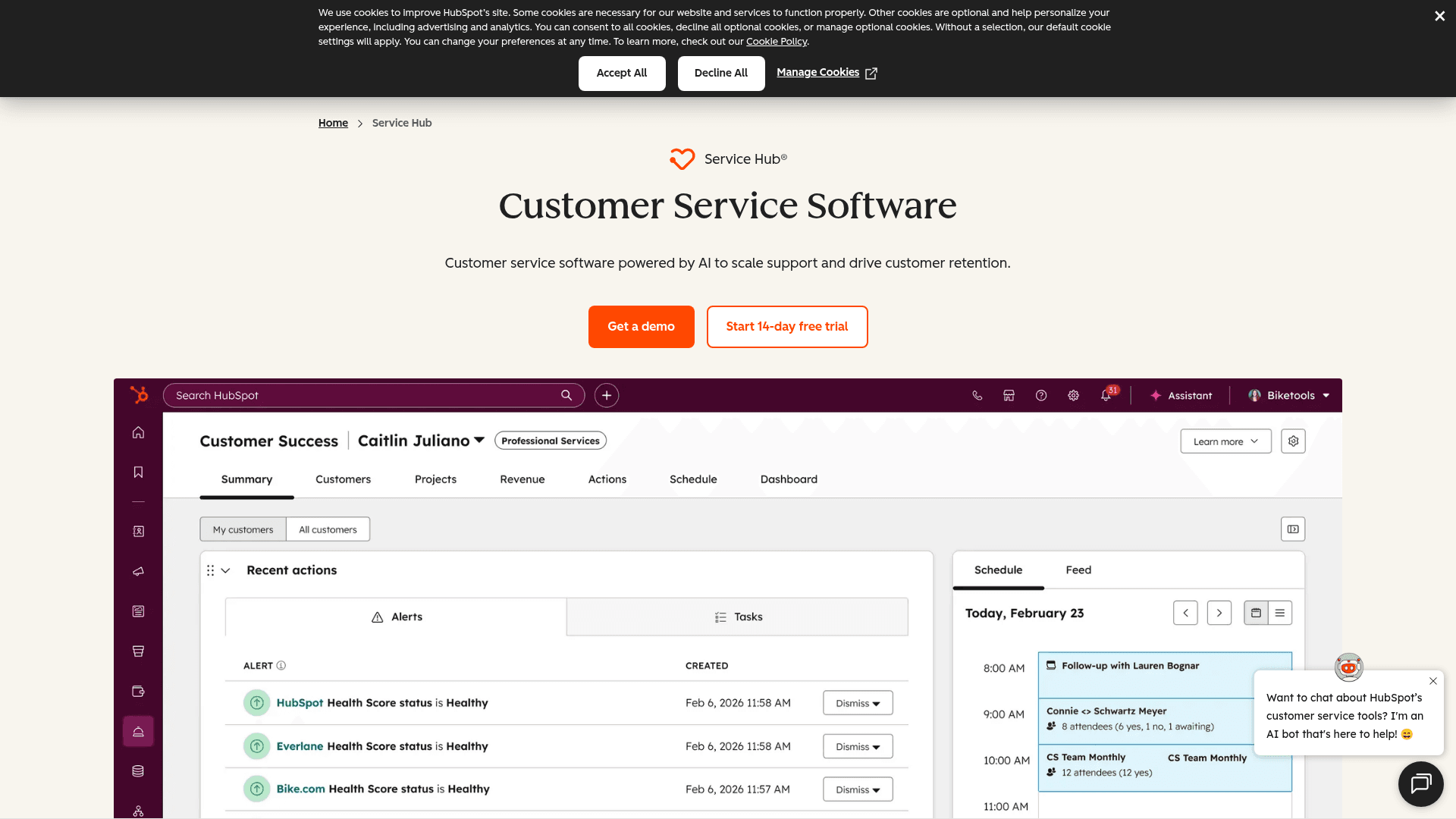 The HubSpot Service Hub product page, showing its customer service tools on the HubSpot CRM