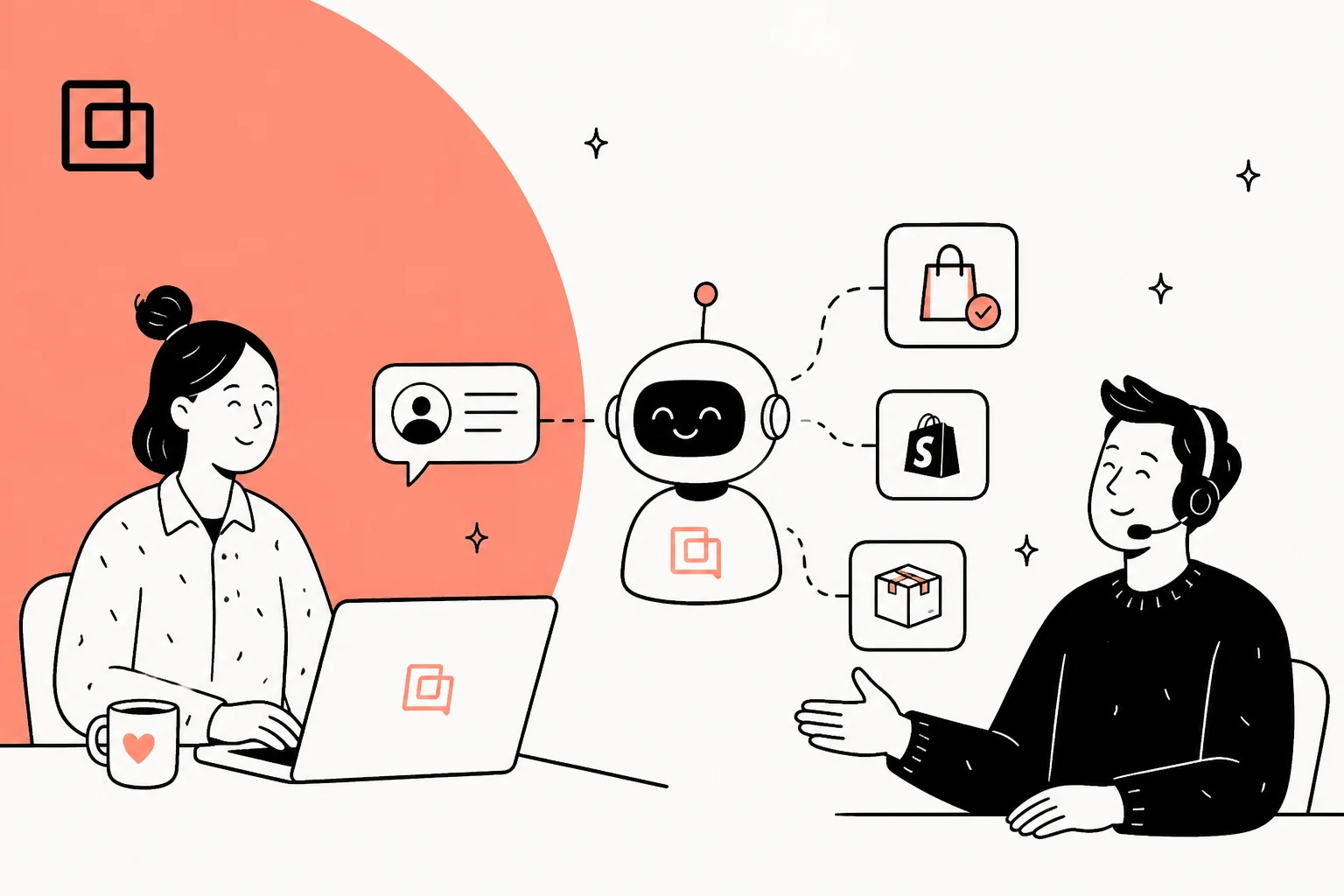 Illustration of the Gorgias AI Agent handling ecommerce support and sales conversations