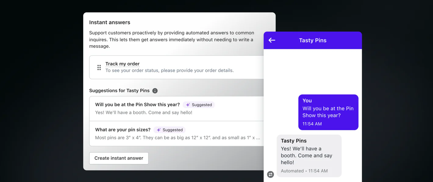Shopify Inbox instant answers interface showing auto-generated FAQ suggestions, as taken from Shopify