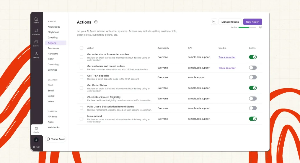Ada admin console Actions screen with API-backed actions and toggles, as taken from Ada