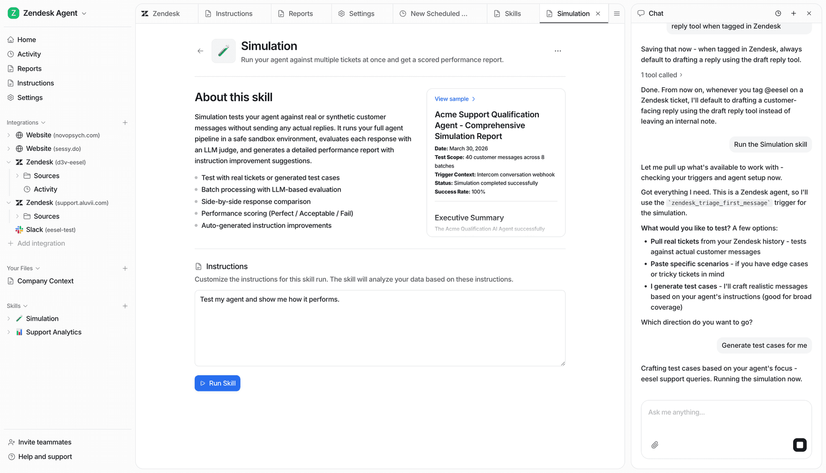 eesel AI executing a skill against a connected tool, taking an action rather than only replying