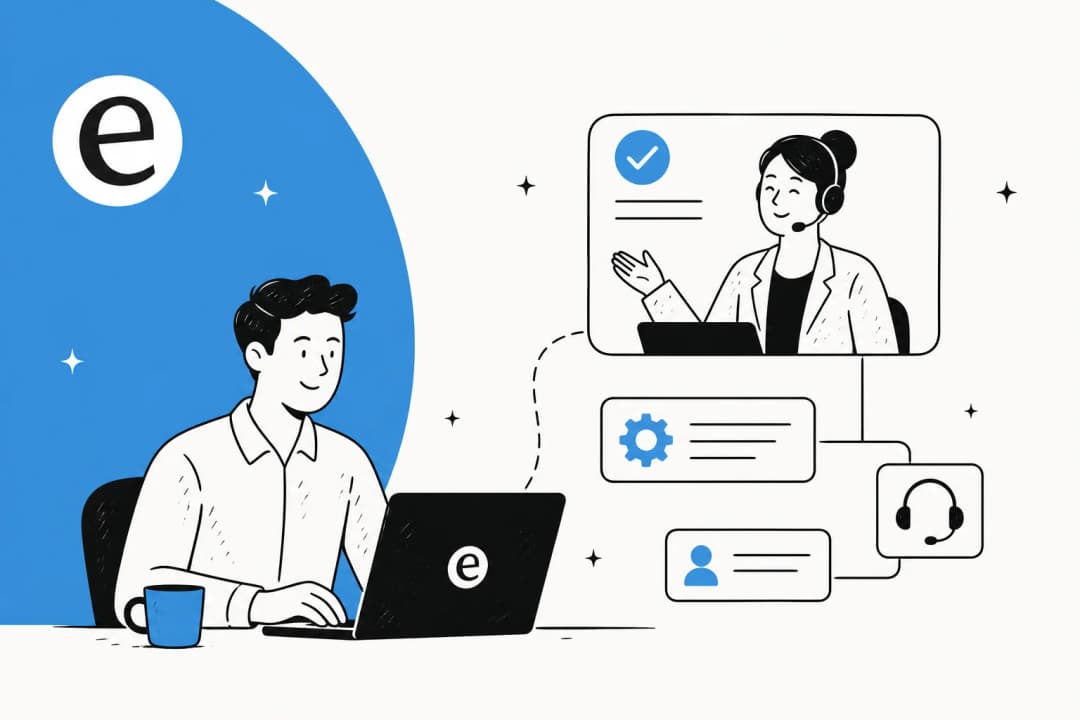Illustration of a person at a laptop with an AI support teammate handling IT tickets alongside them
