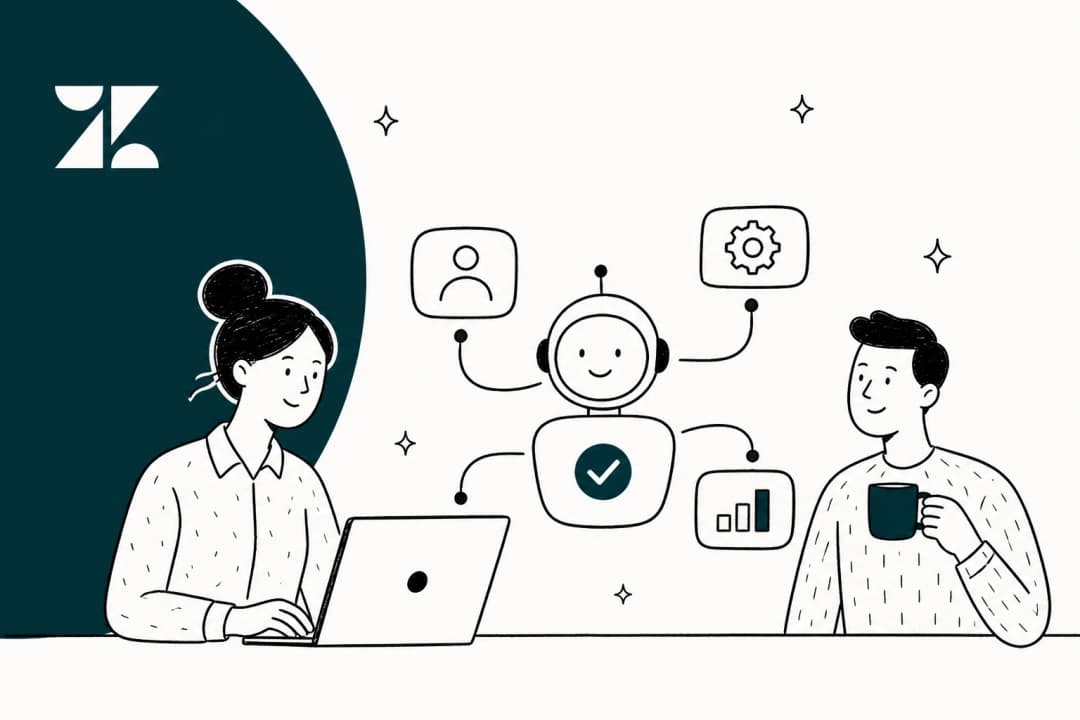 Zendesk AI pricing illustration with the Zendesk logo and an AI agent assisting two people