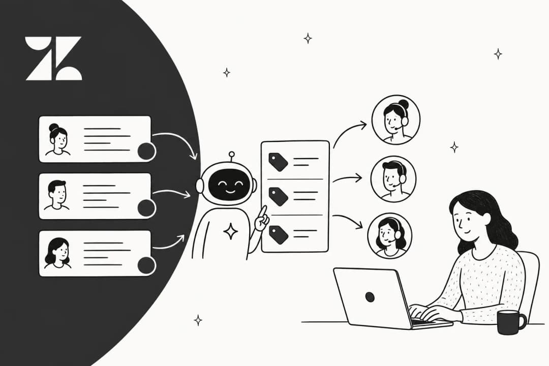 Hand-drawn editorial banner of Zendesk tickets being auto-tagged by an AI helper