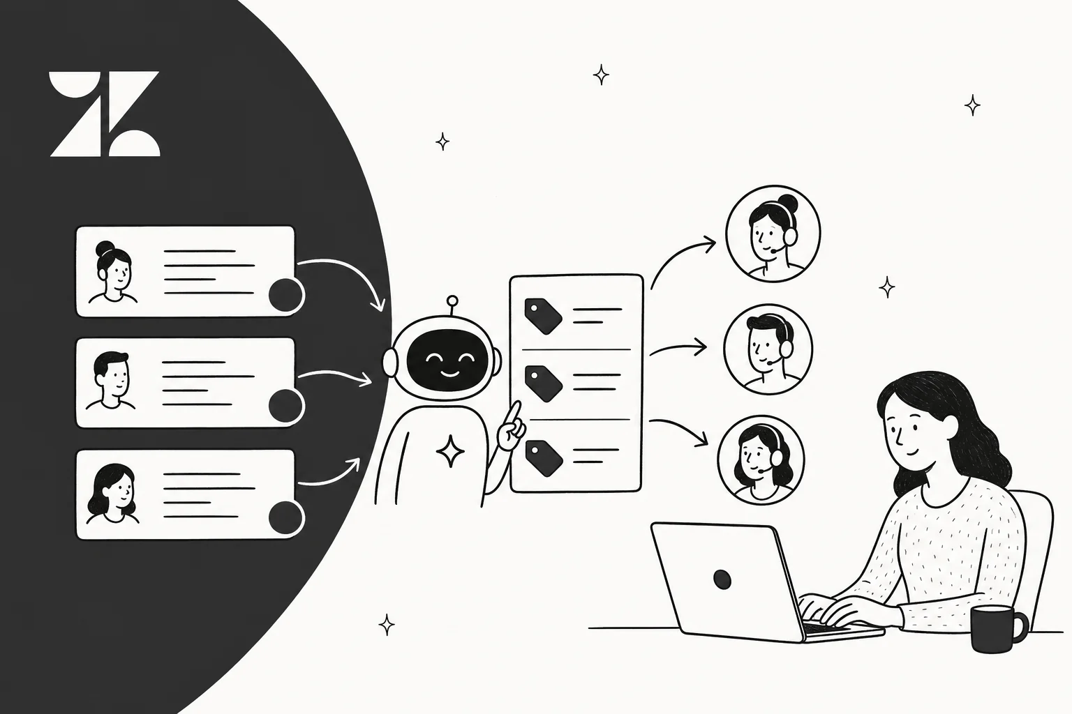 Hand-drawn editorial banner of Zendesk tickets being auto-tagged by an AI helper
