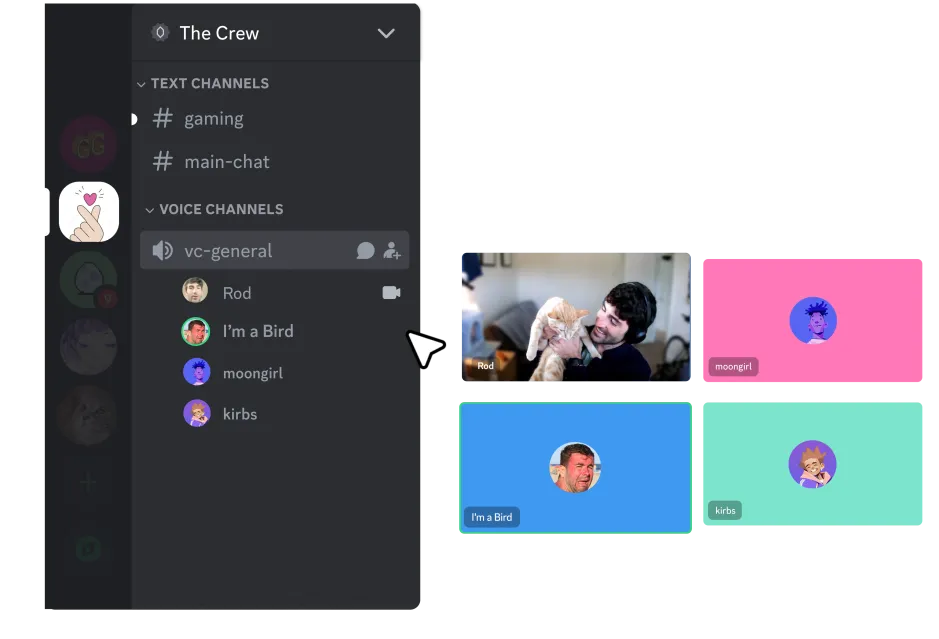 Discord "The Crew" voice channel showing four users with active video feeds, as taken from Discord