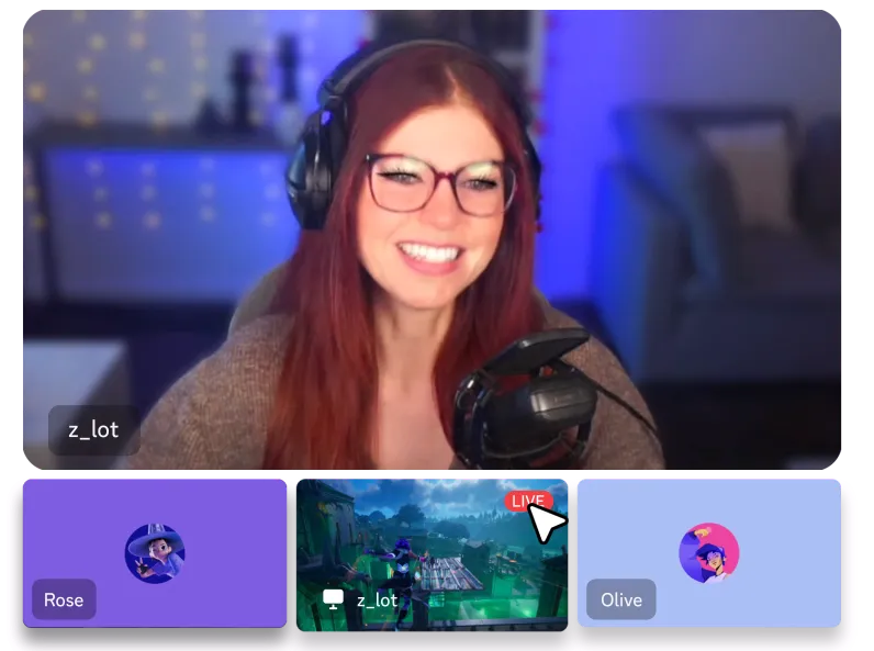 Discord streaming view showing a live gamer broadcast with webcam overlay in high quality, as taken from Discord