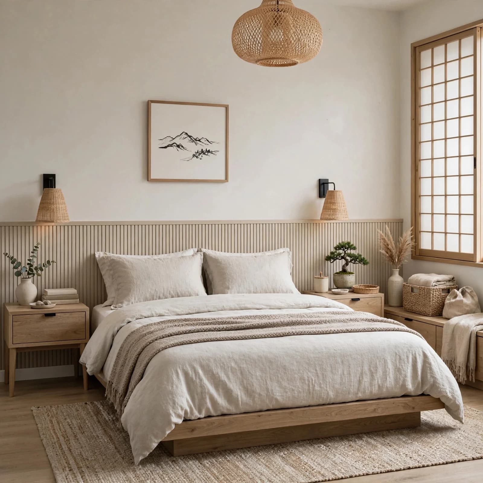 Muse Image room redesign restyling a bedroom into a Japandi look with oak furniture and linen bedding, as taken from Meta
