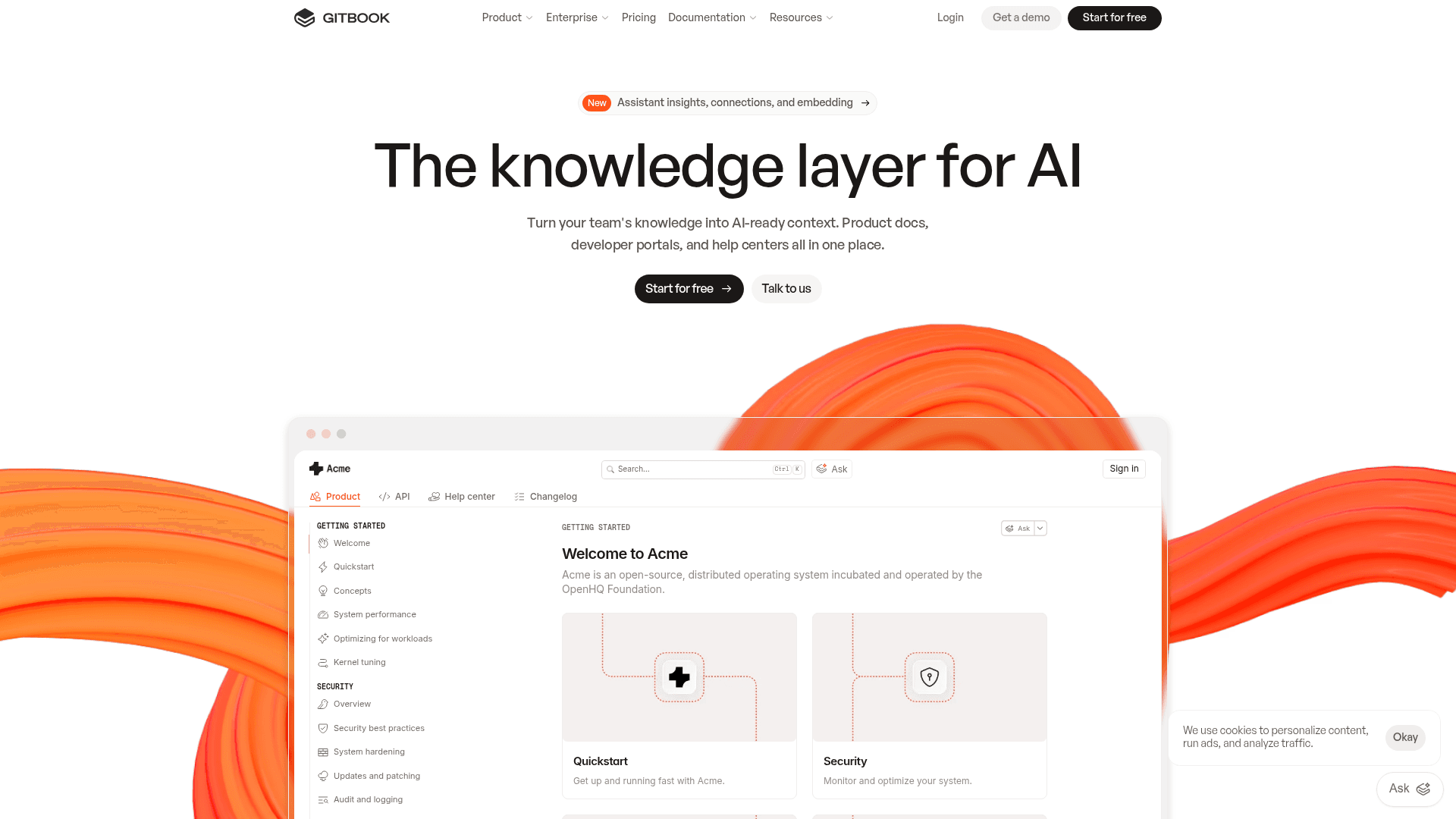 The GitBook homepage showing its docs platform with Git sync and AI features, as taken from GitBook.