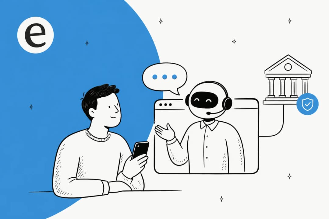 Illustration of an AI chatbot for banking with a chat interface and security shield motif