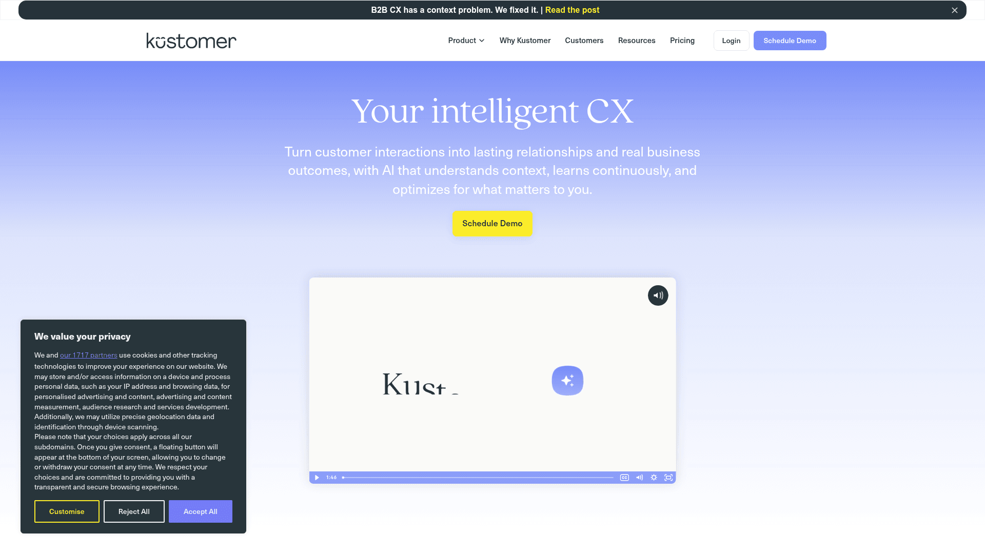 The Kustomer homepage, an AI-native CX and CRM platform
