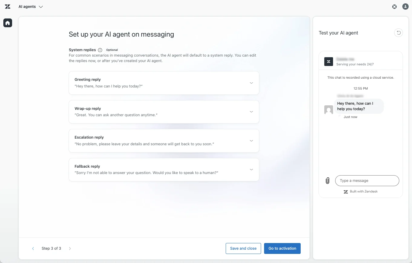 The 'Set up your AI agent on messaging' step, where you customize greeting, wrap-up, escalation, and fallback system replies, as taken from Zendesk