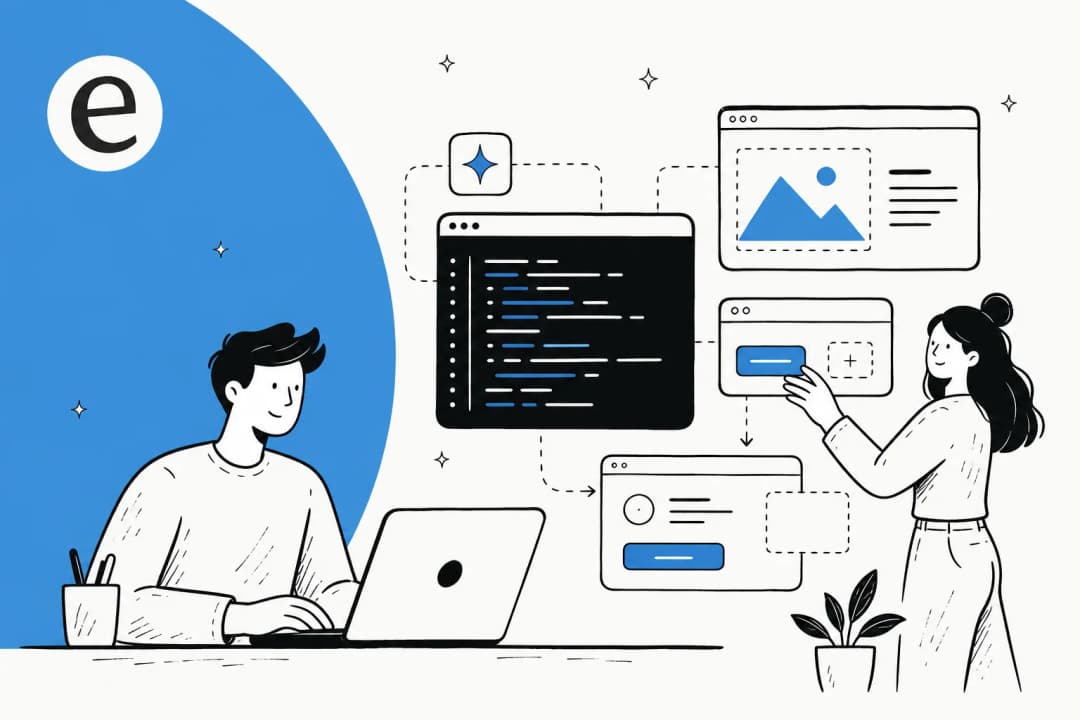 Illustration of frontend AI tools assembling code editor windows and UI components