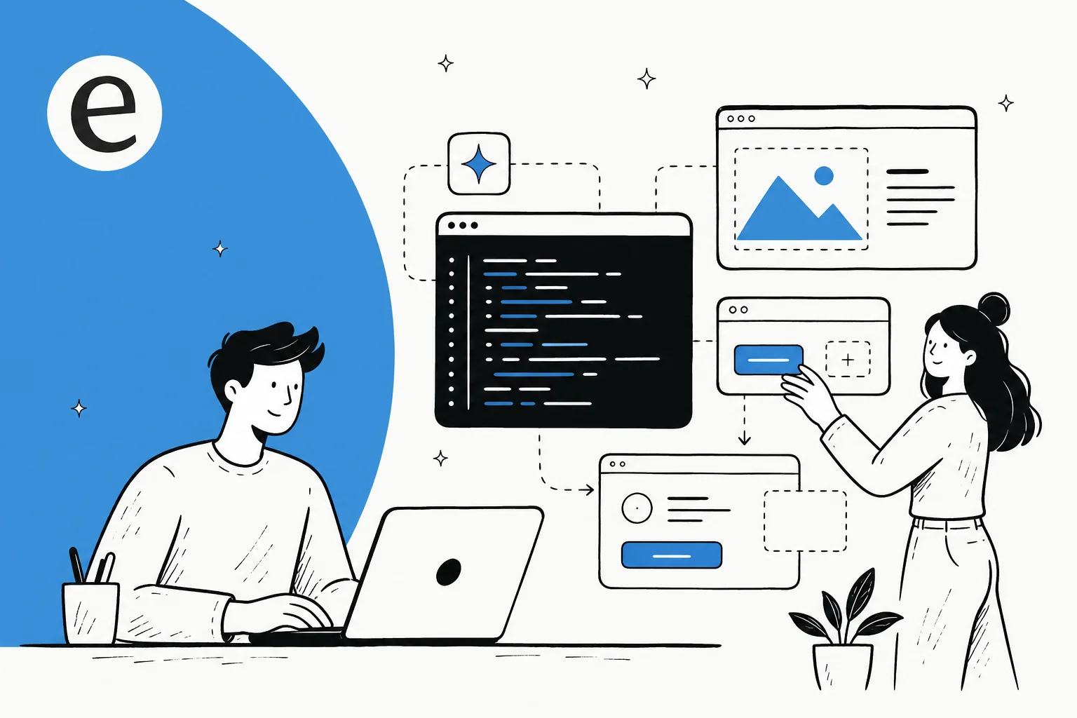 Illustration of frontend AI tools assembling code editor windows and UI components