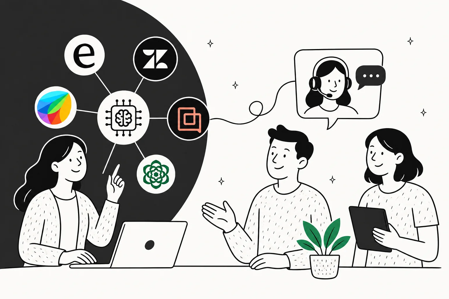 Editorial illustration of a support team in a calm workspace surrounded by chat bubbles, tickets, and the logos of leading AI customer service tools