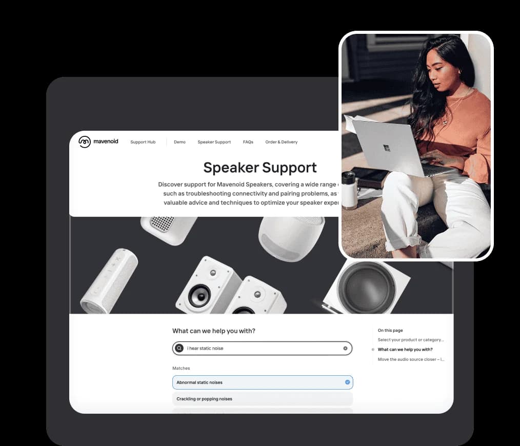 Mavenoid's Dynamic Help Center showing a branded speaker support page with live search, as taken from Mavenoid