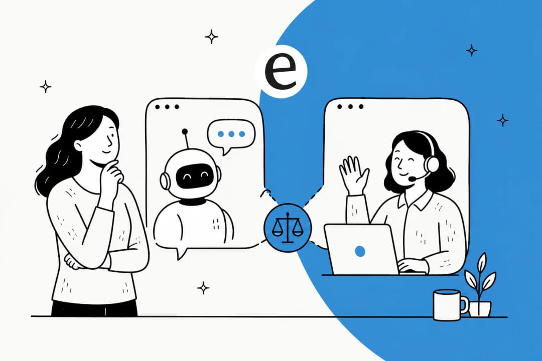 Illustration comparing an AI chatbot and a live chat agent for customer support