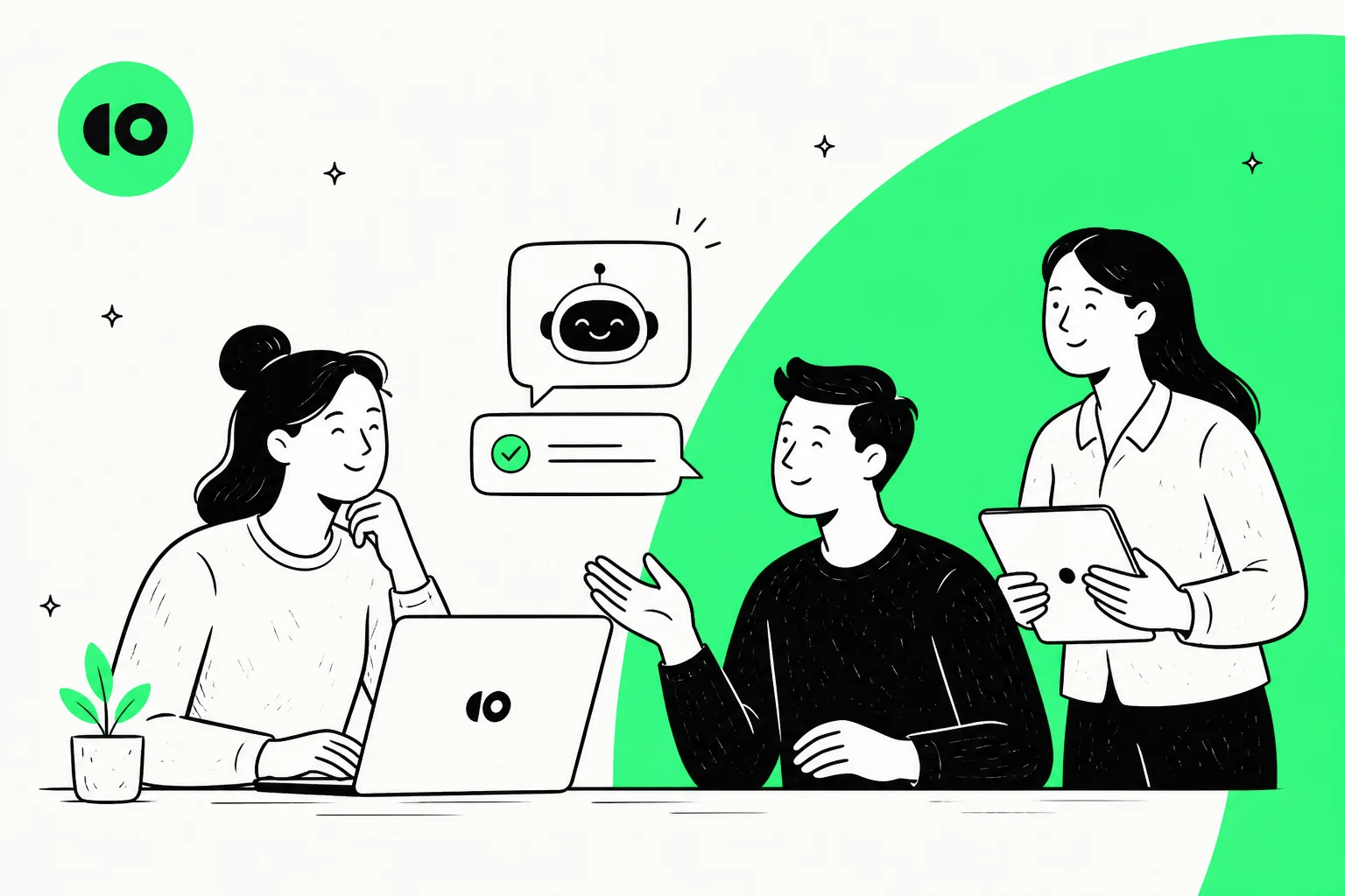 Editorial illustration of an AI customer support agent being reviewed, in CoSupport green