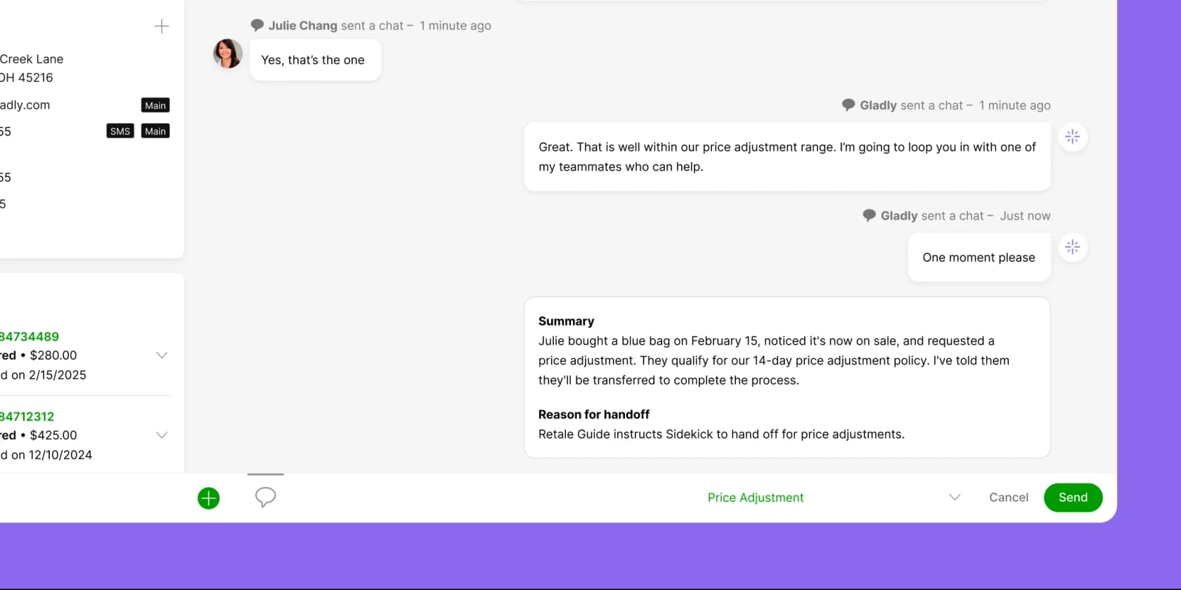 Gladly Sidekick summarising a price-adjustment request and handing off to a human agent, as shown on Gladly's AI agent page