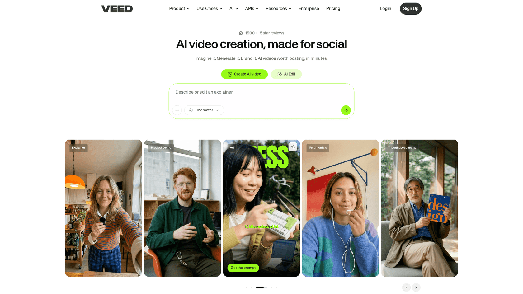 Veed.io homepage showing its browser-based video editor, as taken from Veed.io