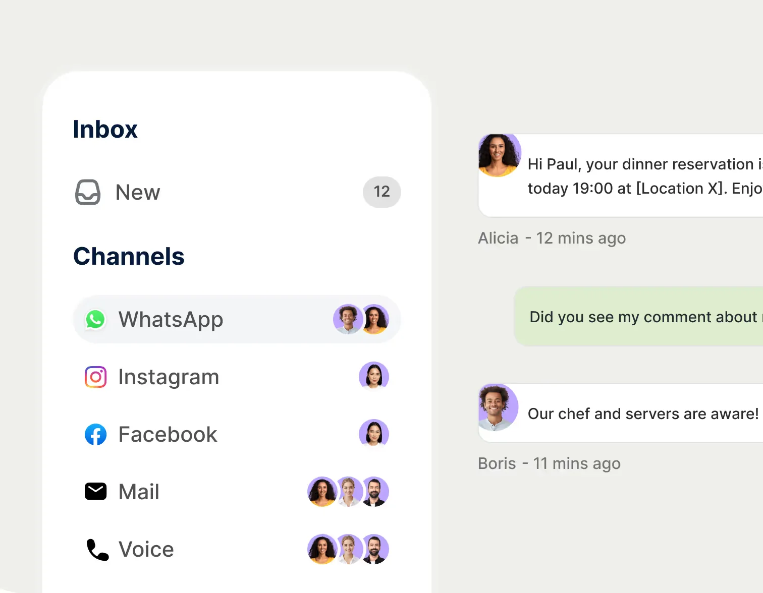 Trengo's omnichannel inbox unifying WhatsApp, Instagram, Facebook, email, and voice in one view, as taken from Trengo