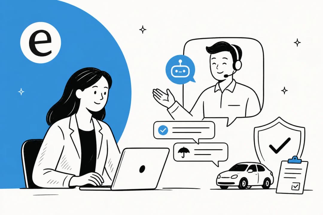 Editorial illustration of an AI insurance chatbot handling policy and claims questions