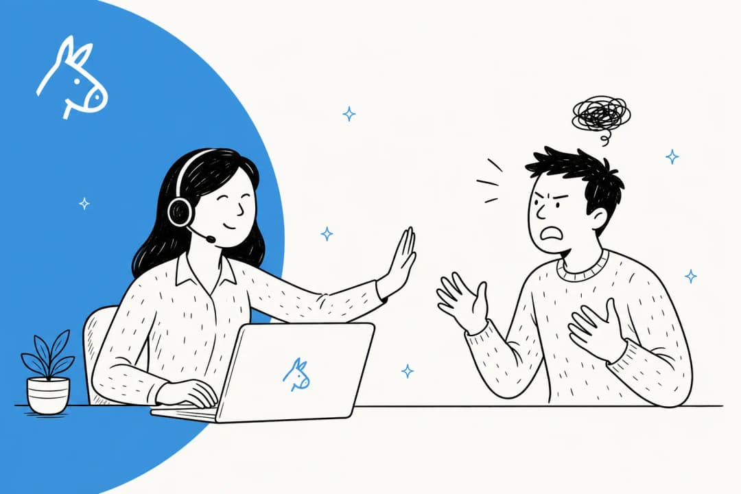 Illustration of a support agent calmly de-escalating an angry customer