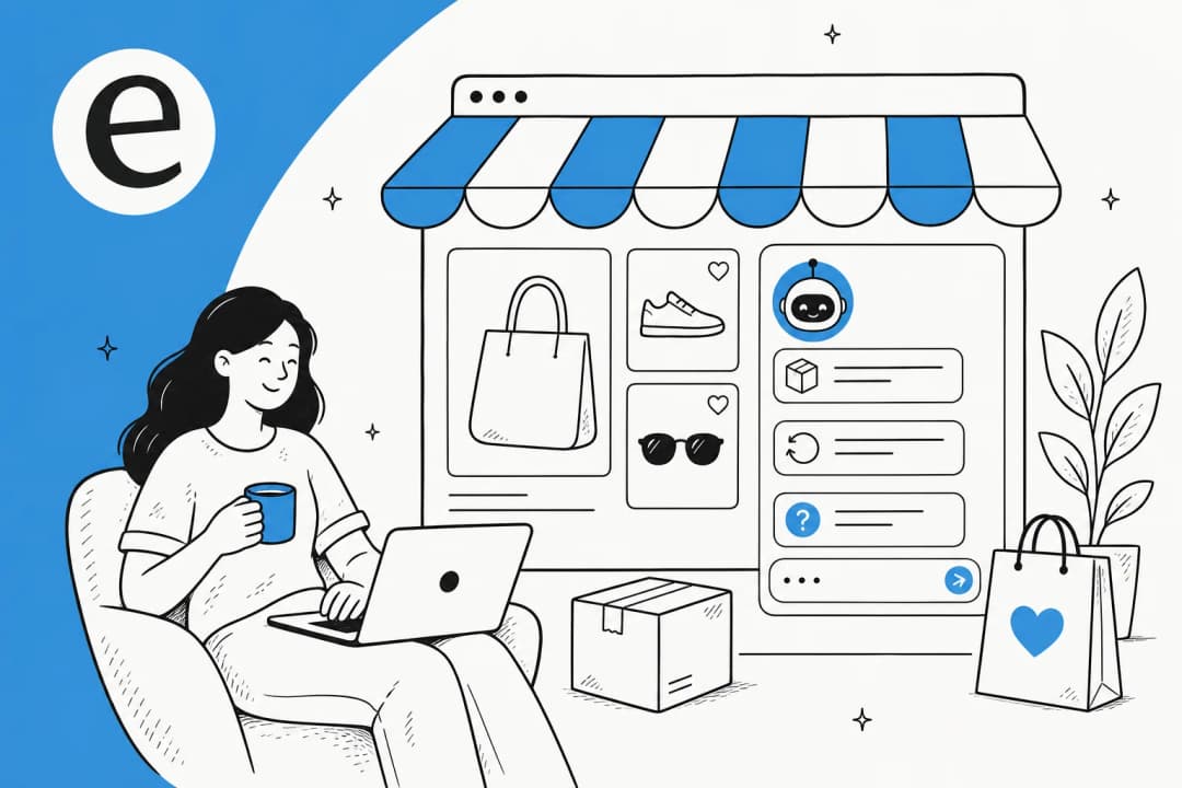 Illustration of an online store with an AI help widget answering order, returns, and product questions