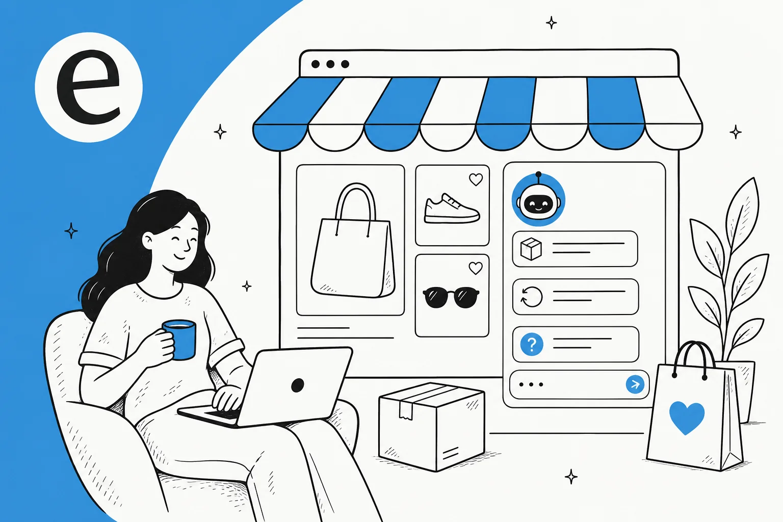Illustration of an online store with an AI help widget answering order, returns, and product questions