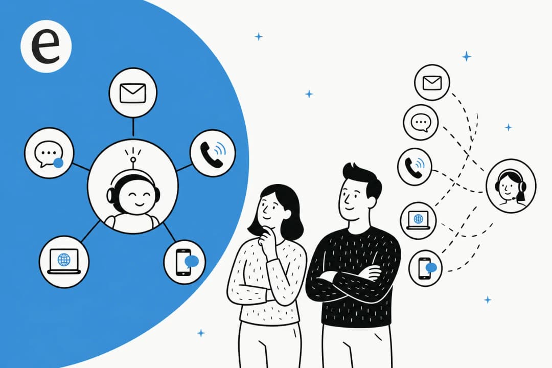 Illustration comparing a connected omnichannel support hub with disconnected multichannel channels