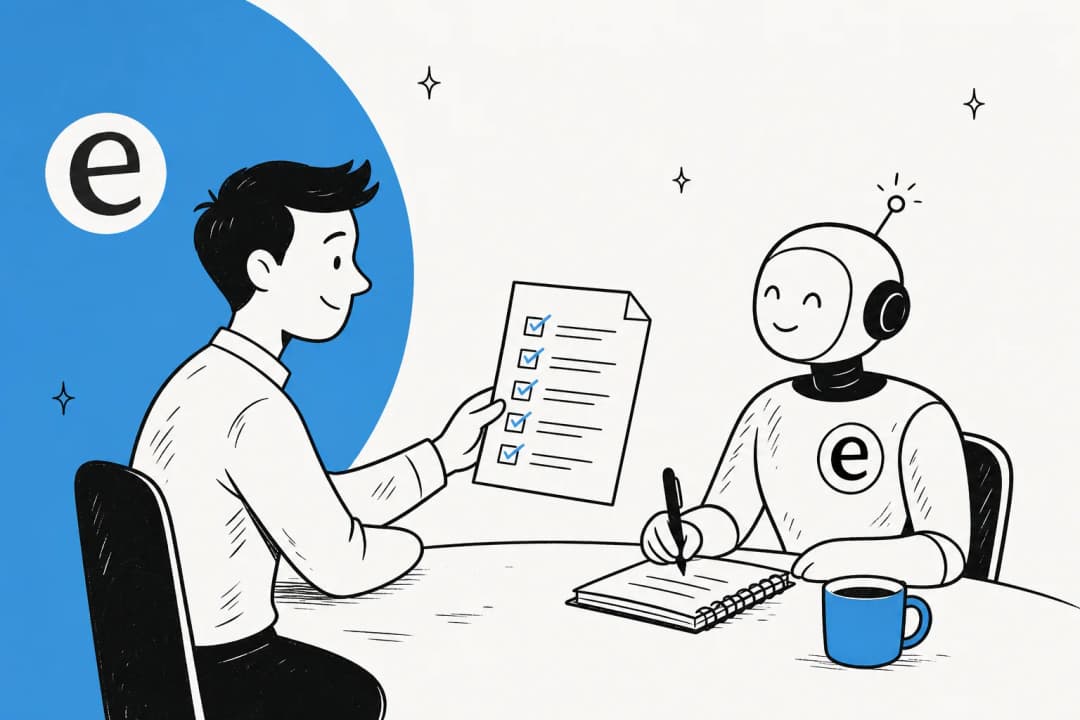 A person handing a written content brief to a friendly AI writing assistant taking notes