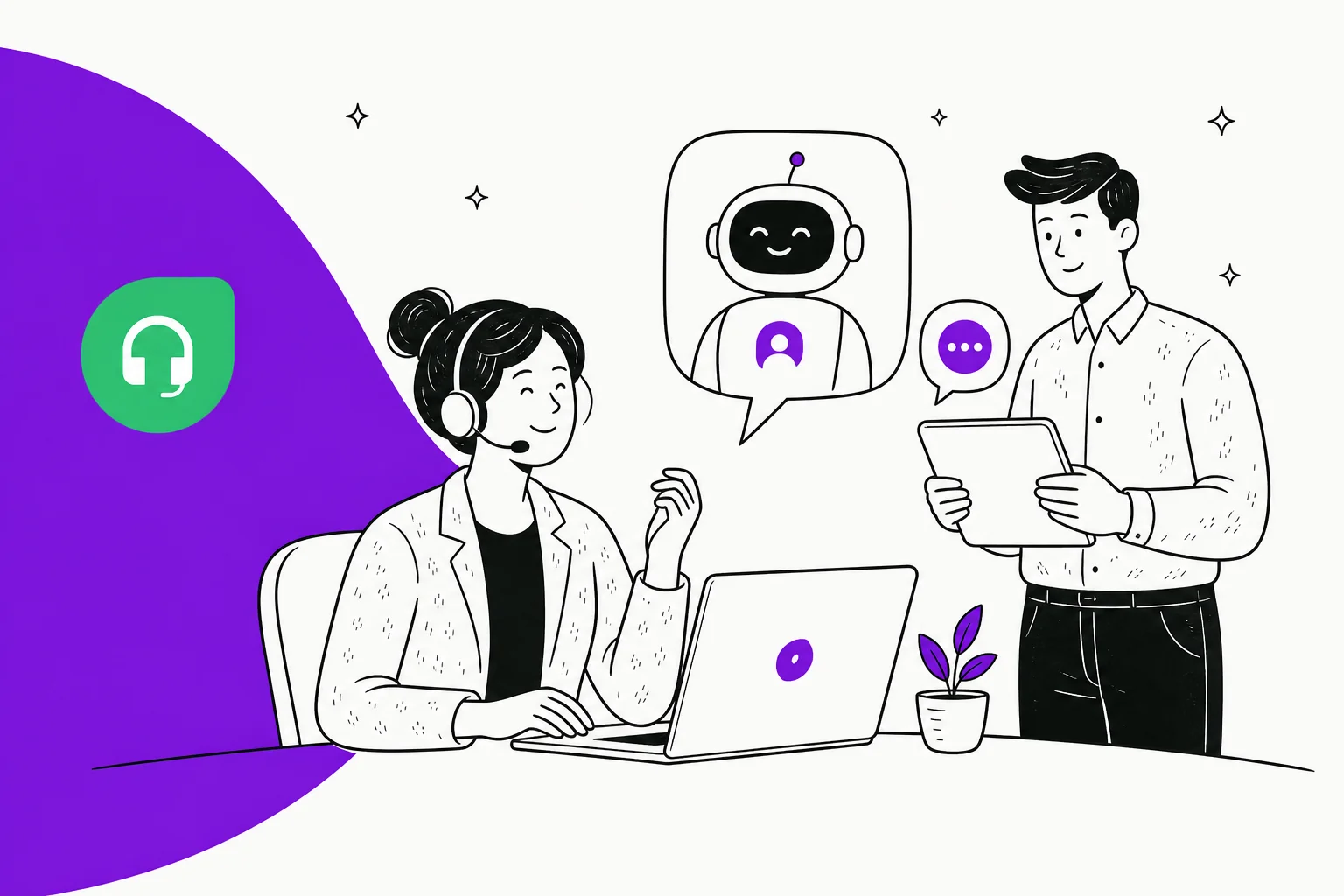 Illustrated banner for a guide to the Freshdesk chatbot and Freddy AI Agent