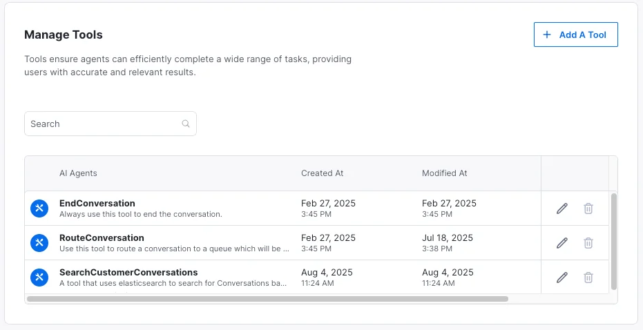 The Manage Tools screen where you attach actions like order search and routing to a Kustomer AI agent, as taken from Kustomer