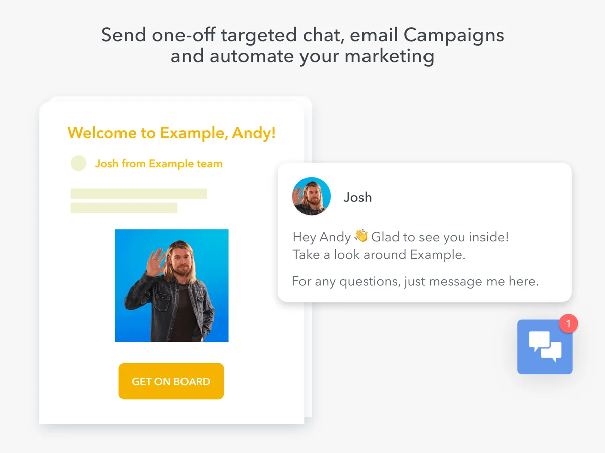 HelpCrunch email campaign builder previewing a welcome message, as taken from HelpCrunch