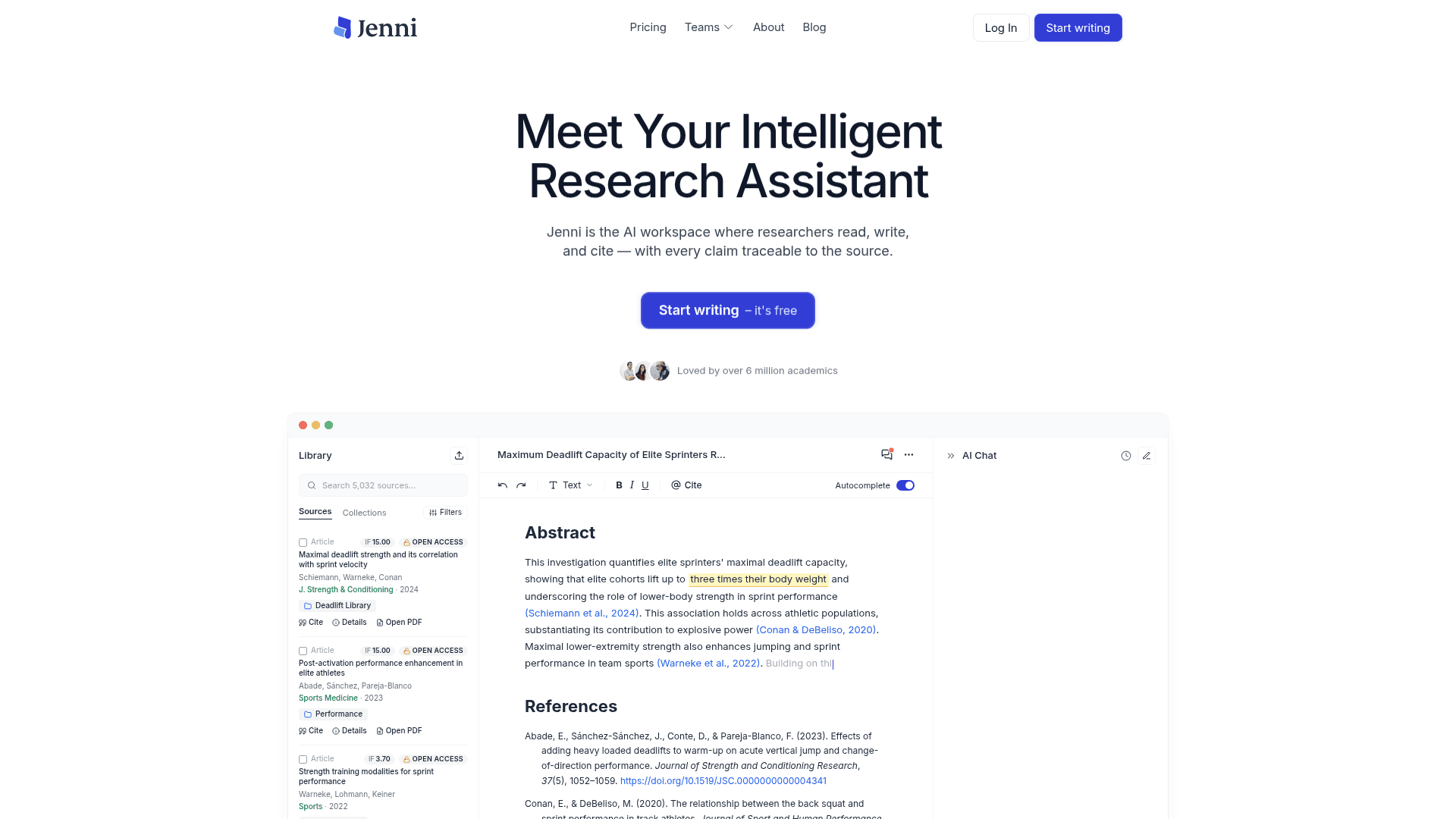 Jenni AI homepage showing the AI writing workspace for researchers and academic writers, as taken from Jenni AI