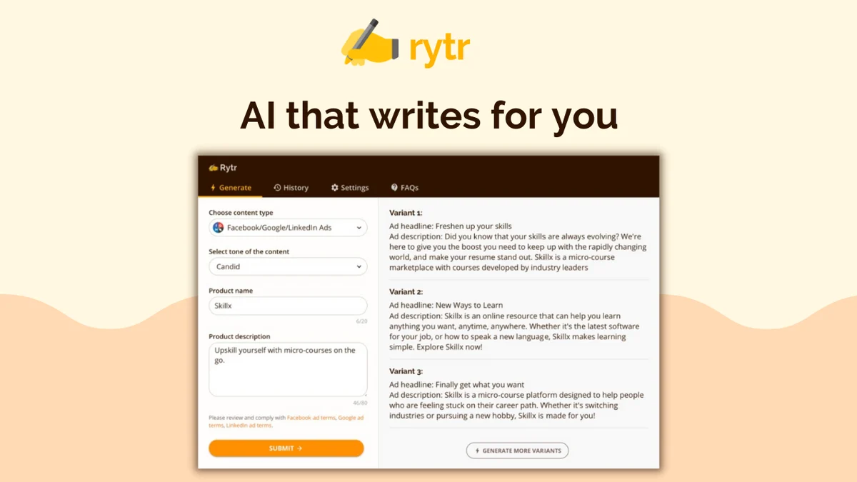 Rytr's generate screen producing three ad-copy variants from a content type and tone, as shown in Rytr's G2 gallery