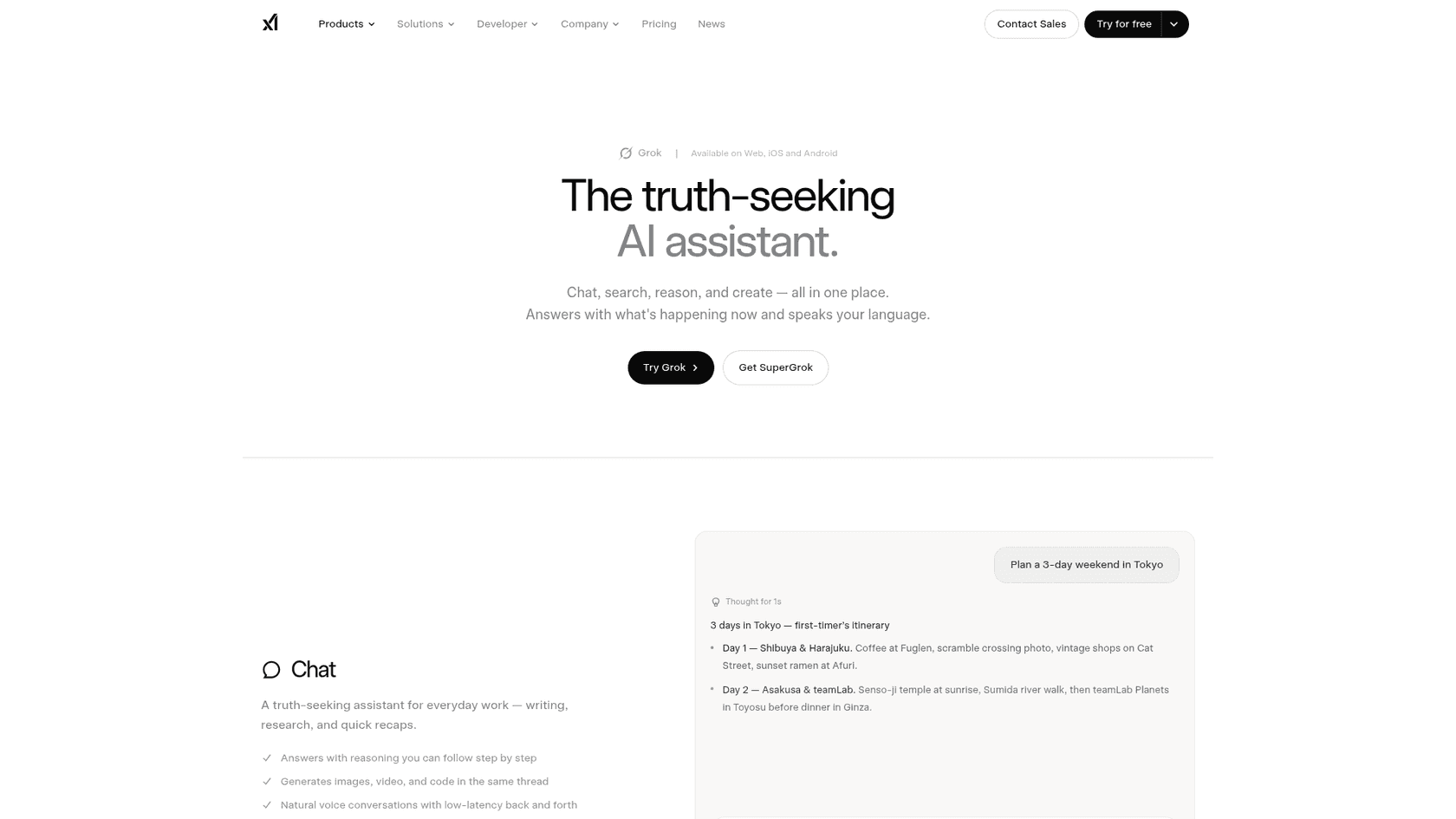 Grok product page on x.ai showing the chat interface with a sample itinerary response