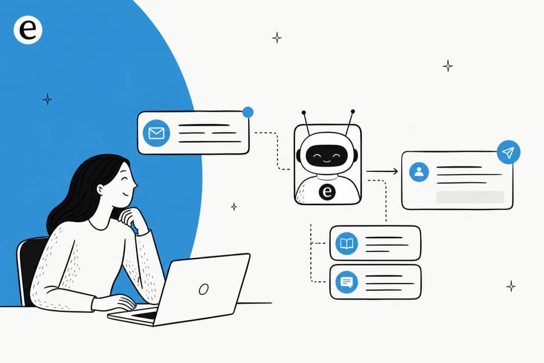 Illustration of an AI teammate reading, triaging, and answering customer support emails for a SaaS team