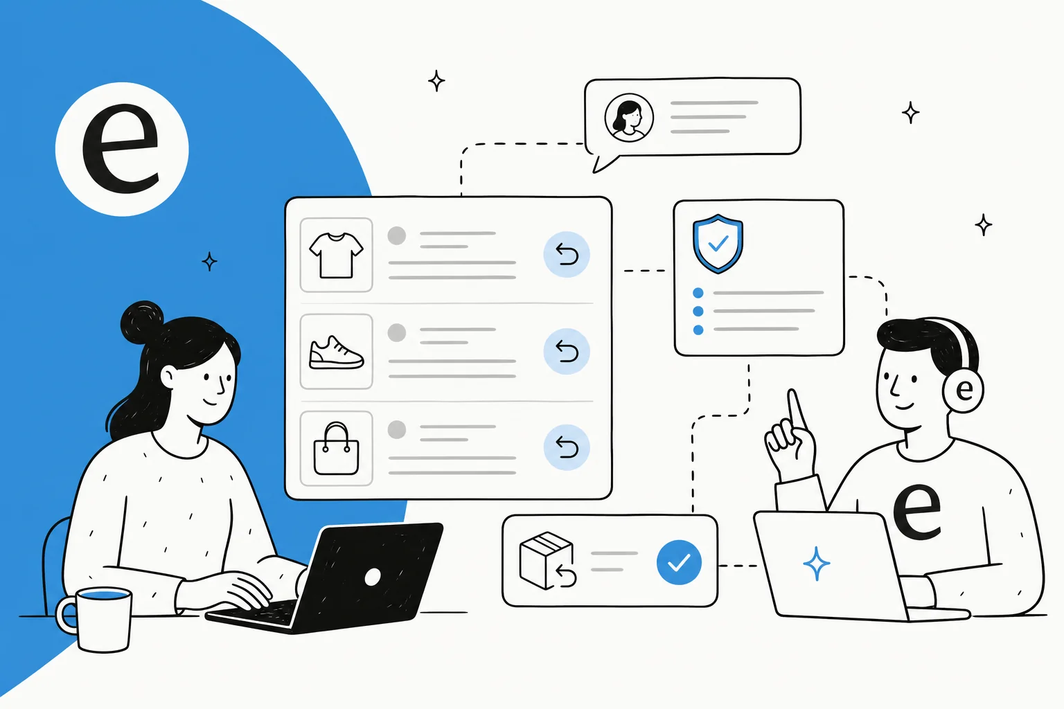 Illustration of an AI assistant checking refund policy and approving an ecommerce refund request